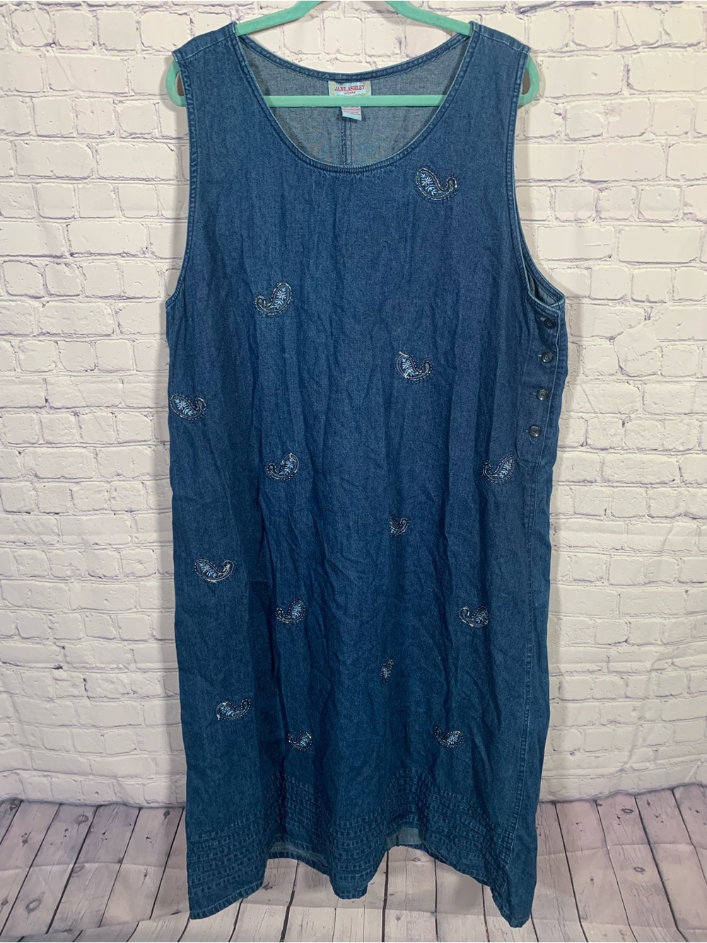 Jane Ashley Womens VTG Denim Paisley Beaded Embroidered Overall Dress Sz 2X